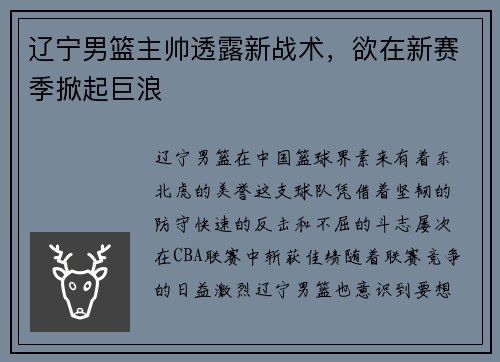 辽宁男篮主帅透露新战术，欲在新赛季掀起巨浪